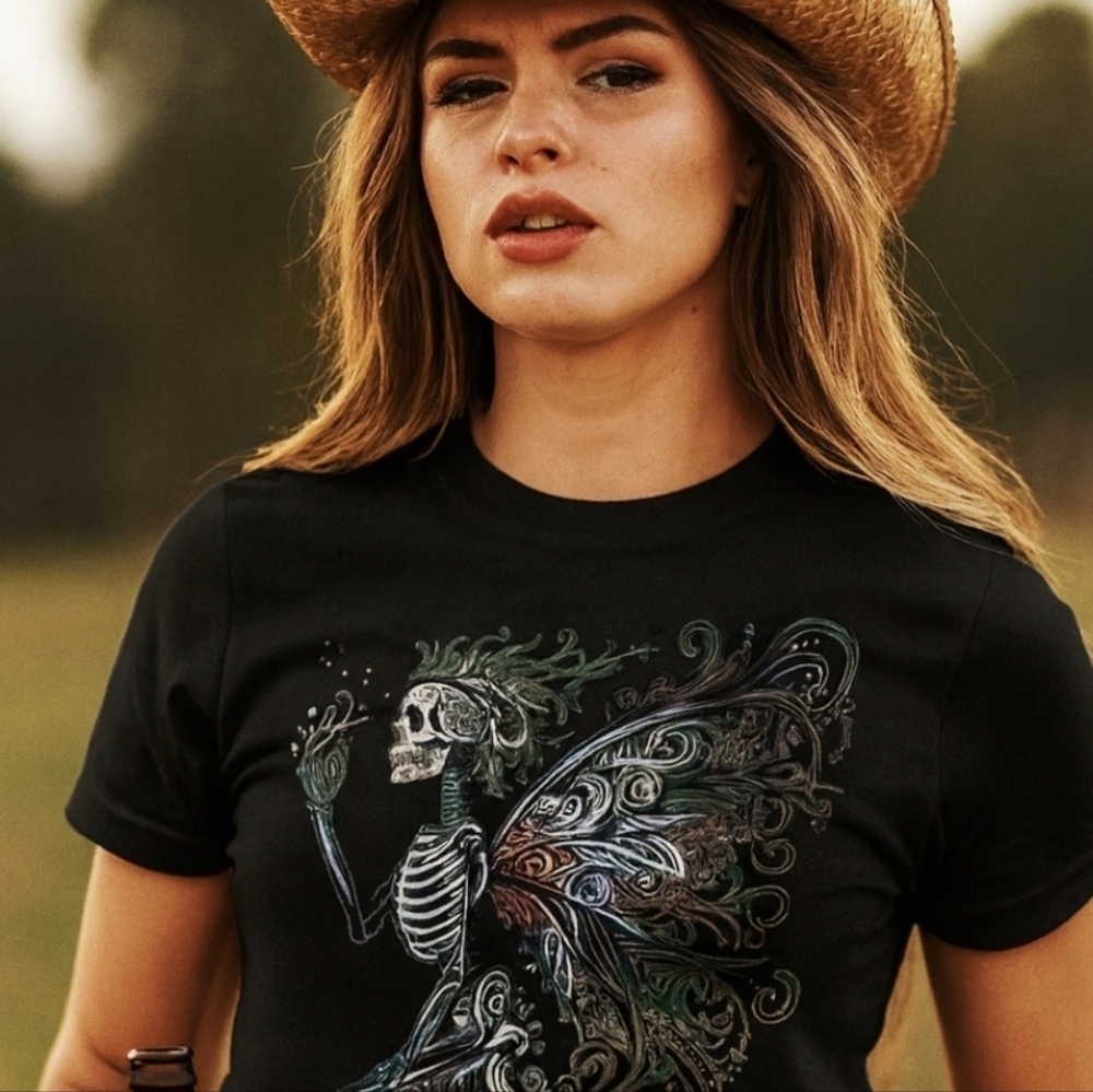 Snarky Skeleton Fairy Tee – Gothic Wings, Dark Humor, Witchy Graphic Shirt - Picture 8 of 16